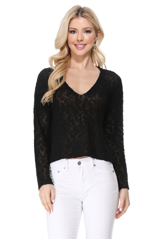 V Neck Drop Shoulder Slub Knit Crop Sweater Top