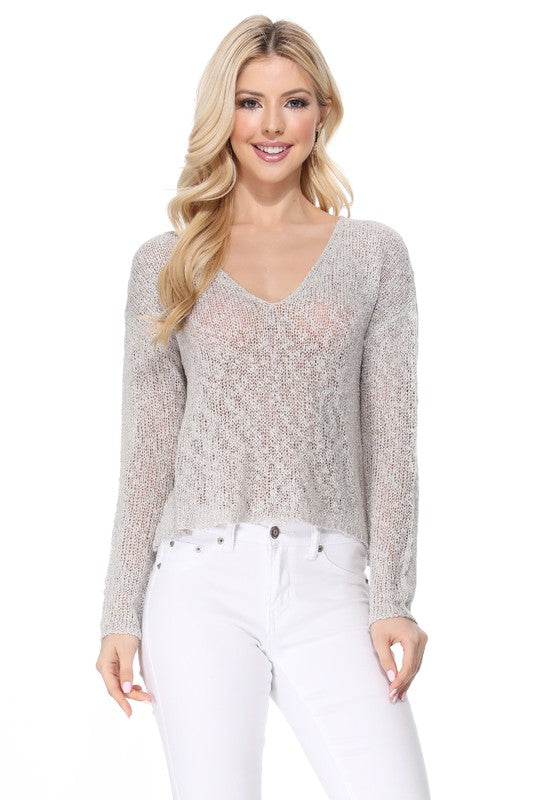 V Neck Drop Shoulder Slub Knit Crop Sweater Top