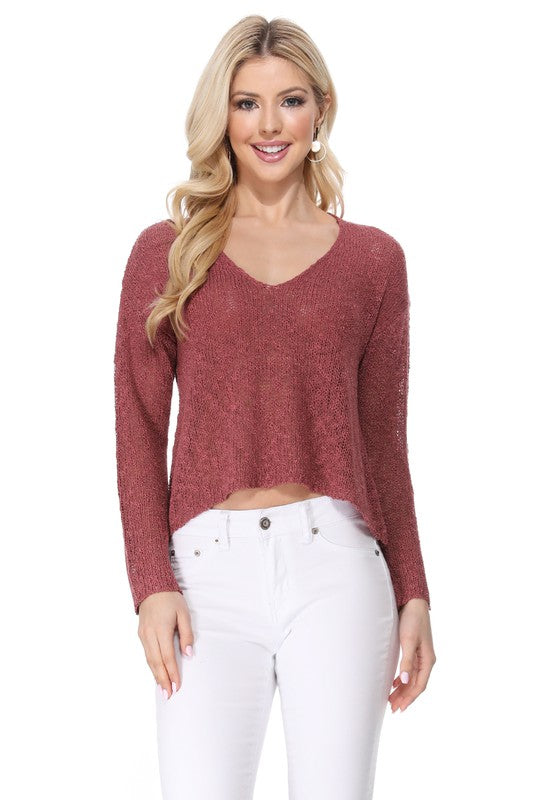 V Neck Drop Shoulder Slub Knit Crop Sweater Top