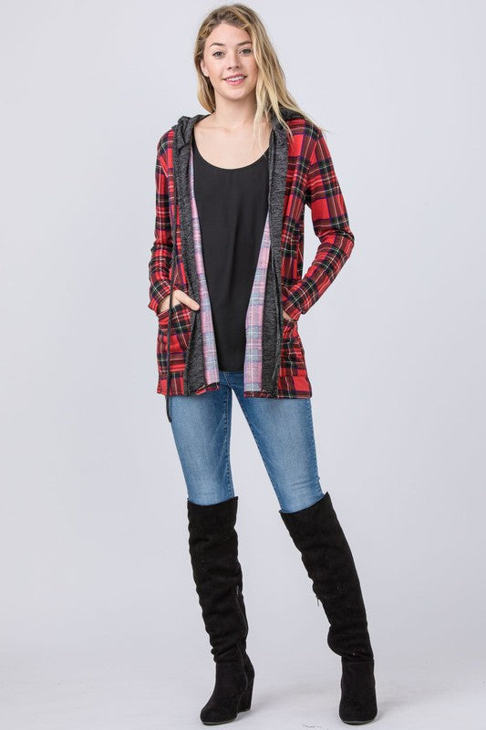 Hooded Plaid Trimmed Cardigan