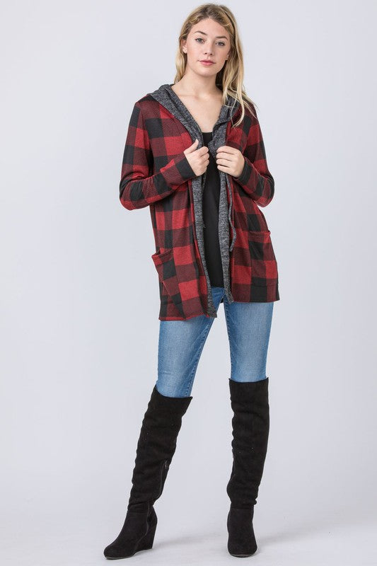 Plus Plaid Checker Print Cardigan with Hoodie