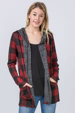 Plus Plaid Checker Print Cardigan with Hoodie