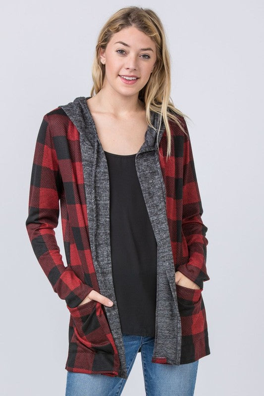 Plaid Checker Print Cardigan with Hoodie