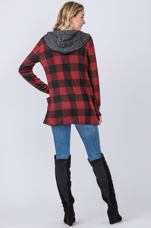 Plaid Checker Print Cardigan with Hoodie