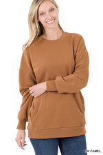 Long Sleeve Round Neck Sweatshirt Side Pockets