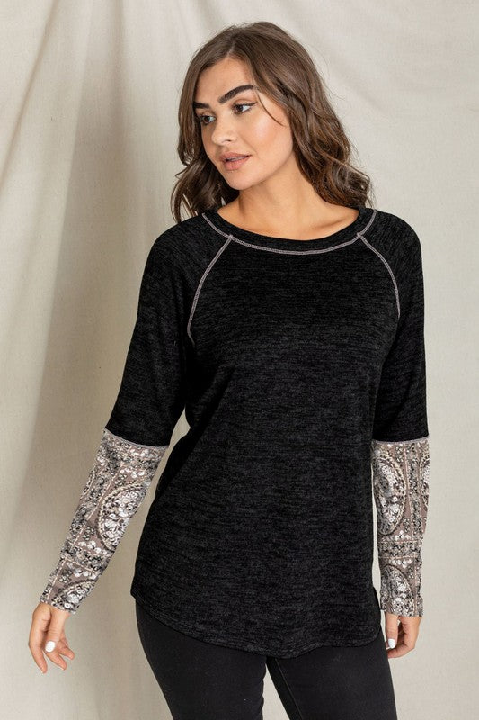 Stitch Accent Paisley Cuff Sleeve Tunic