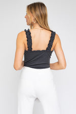 Ruffle Strap Sweetheart Neckline Ribbed Bodysuit