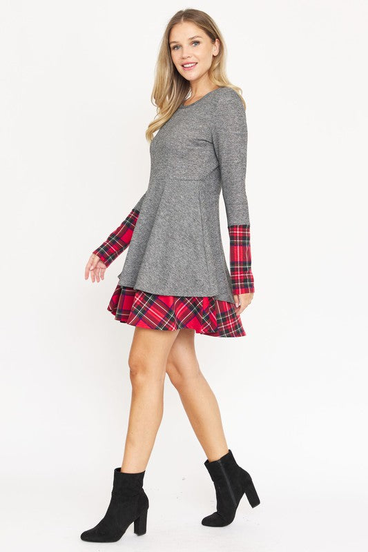 Terry Plaid Layered Fit And Flare Dress