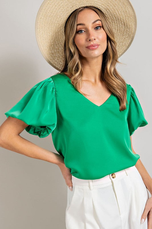 V-Neck Puff Sleeve Blouse Top