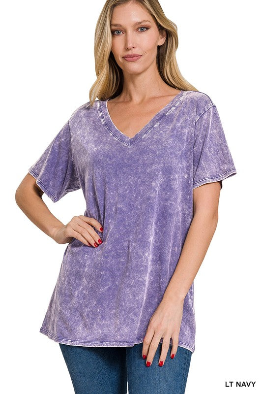 Washed Short Sleeve V-Neck Top