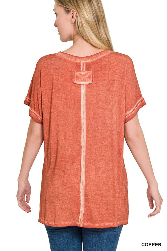 Washed Short Sleeve V-Neck Top W/ Hi-Low Hem