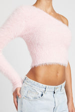 ONE SHOULDER FLUFFY SWEATER TOP