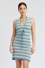 STRIPED CROCHET MINI DRESS WTIH HALTER NECK