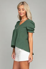 Button Front Puff Sleeve Blouse