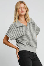 Umgee Striped Half Zip Short Sleeve Sweatshirt