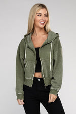 Acid Wash Fleece Cropped Zip-Up Hoodie