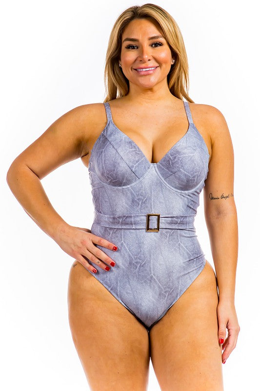 One Piece Buckle Belt embellish Denim Swimsuit