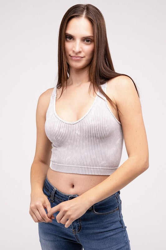 Washed Ribbed Cropped V-Neck Tank Top