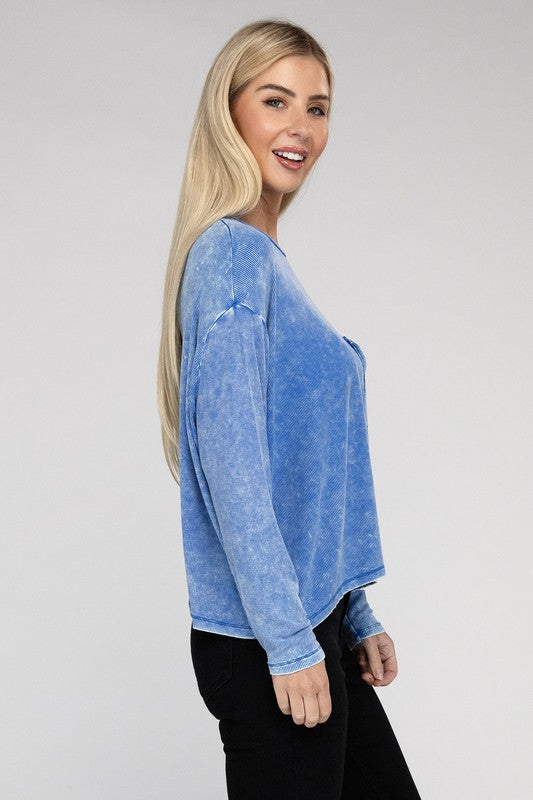 Washed Ribbed Dolman Sleeve Round Neck Top