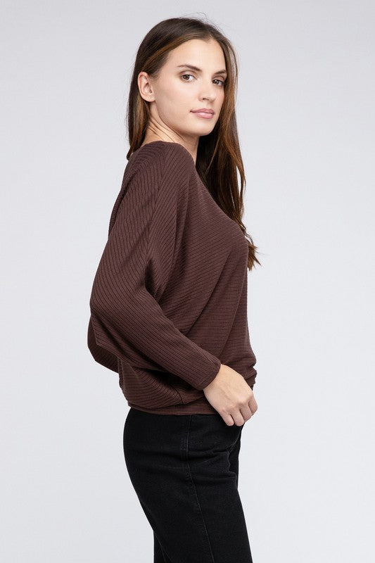 Ribbed Batwing Long Sleeve Boat Neck Sweater