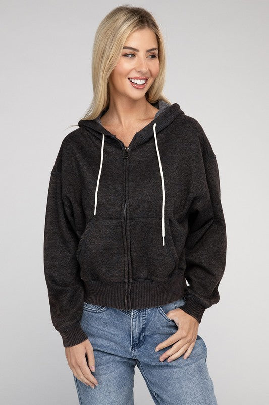 Acid Wash Fleece Cropped Zip-Up Hoodie