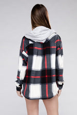 Plaid Drawstring Hooded Fleece Shacket