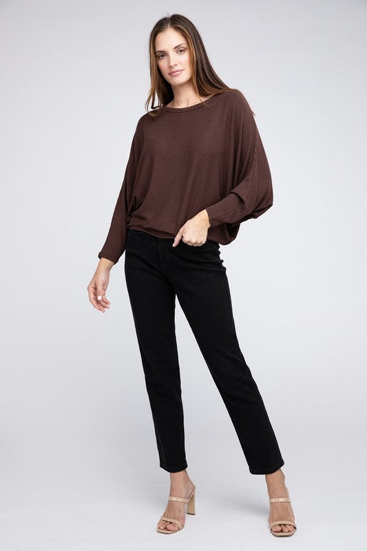 Ribbed Batwing Long Sleeve Boat Neck Sweater