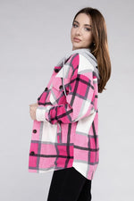 Plaid Drawstring Hooded Fleece Shacket